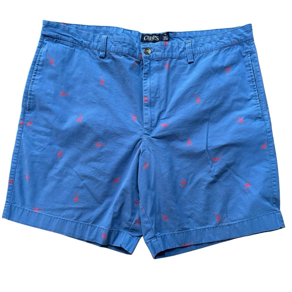 Chaps Flamingo Print Blue Flat Front Chino Shorts 40x8.5 Cotton Stretch